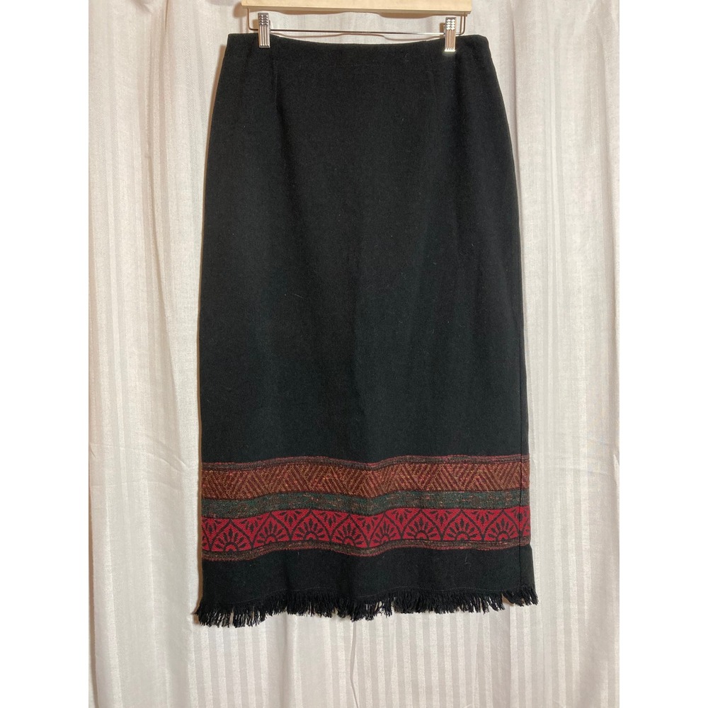 Southwestern Border Print Fringe Michele Womens Black Wool Blend Midi Skirt 14